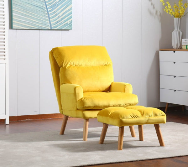 English Elm Soft Adjustable Accent Chair with Ottoman Yellow Woven Fabric and Oak Tapered Legs B01166681