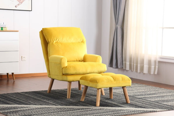 English Elm Soft Adjustable Accent Chair with Ottoman Yellow Woven Fabric and Oak Tapered Legs B01166681