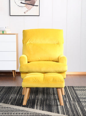 English Elm Soft Adjustable Accent Chair with Ottoman Yellow Woven Fabric and Oak Tapered Legs B01166681
