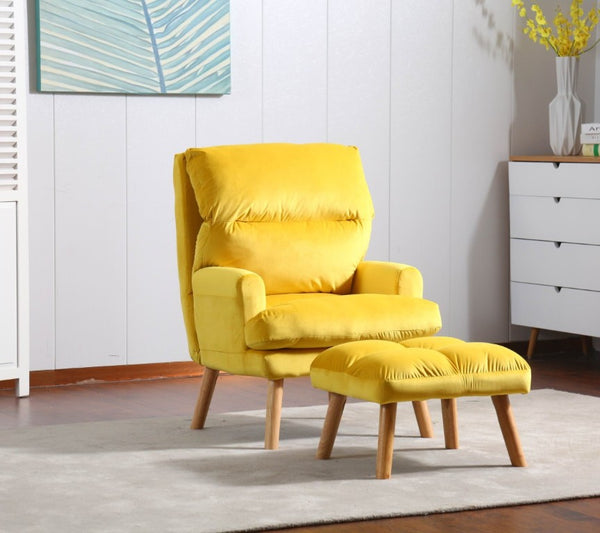 English Elm Soft Adjustable Accent Chair with Ottoman Yellow Woven Fabric and Oak Tapered Legs B01166681