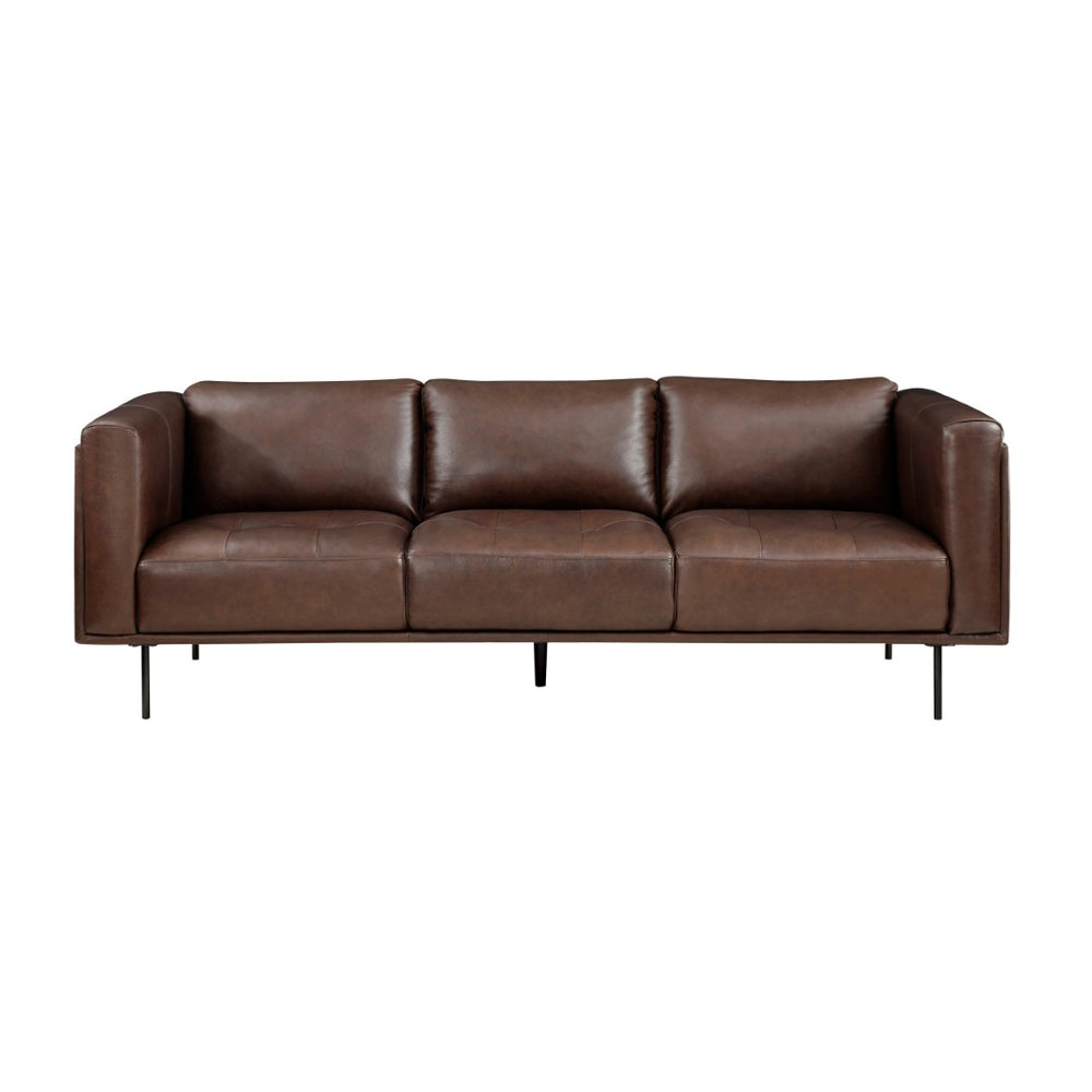 English Elm Modern Top-grain Leather Three-seat Sofa with Tufted Detail and Espresso Metal Legs B011P146402