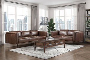 English Elm Modern Top-grain Leather Three-seat Sofa with Tufted Detail and Espresso Metal Legs B011P146402