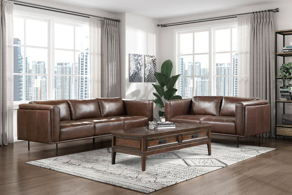 English Elm Modern Top-grain Leather Three-seat Sofa with Tufted Detail and Espresso Metal Legs B011P146402