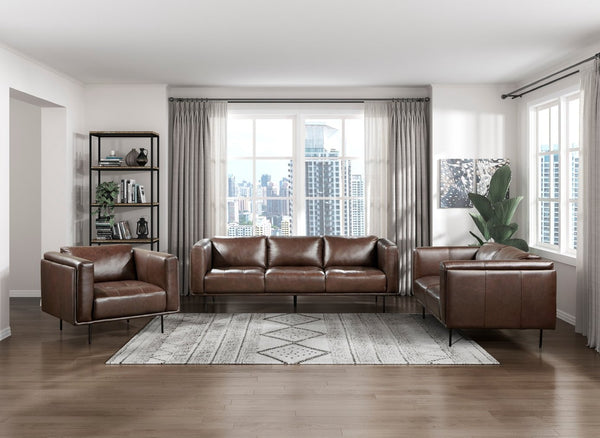 English Elm Modern Top-grain Leather Three-seat Sofa with Tufted Detail and Espresso Metal Legs B011P146402