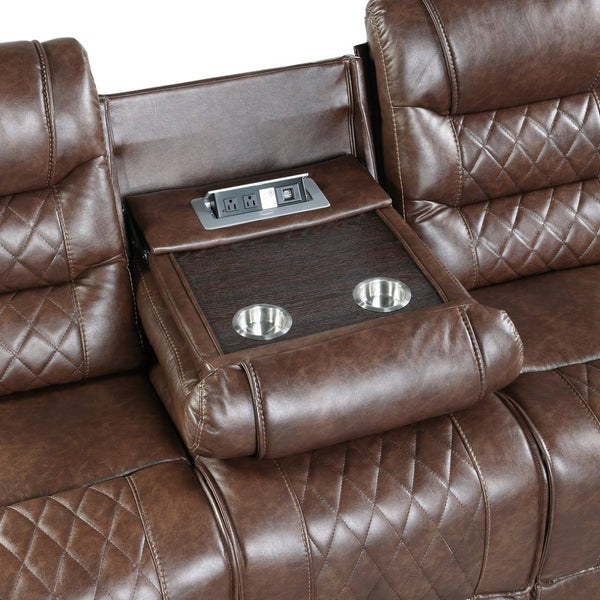 English Elm Luxurious Faux Leather Reclining Sofa with USB Charging Ports and Drop-Down Cup Holders Brown B011P207541