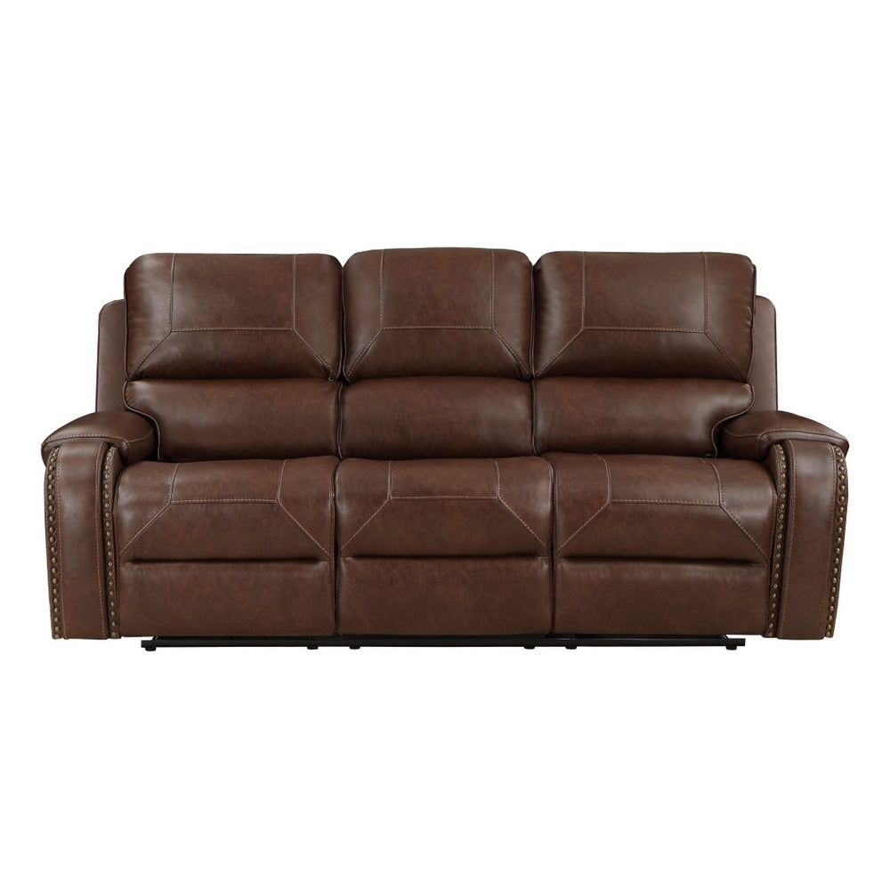 English Elm Double Reclining Faux Leather Sofa with Nailhead Trim and Built-in Charging Console B011P228561