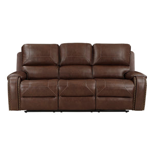 English Elm Double Reclining Faux Leather Sofa with Nailhead Trim and Built-in Charging Console B011P228561
