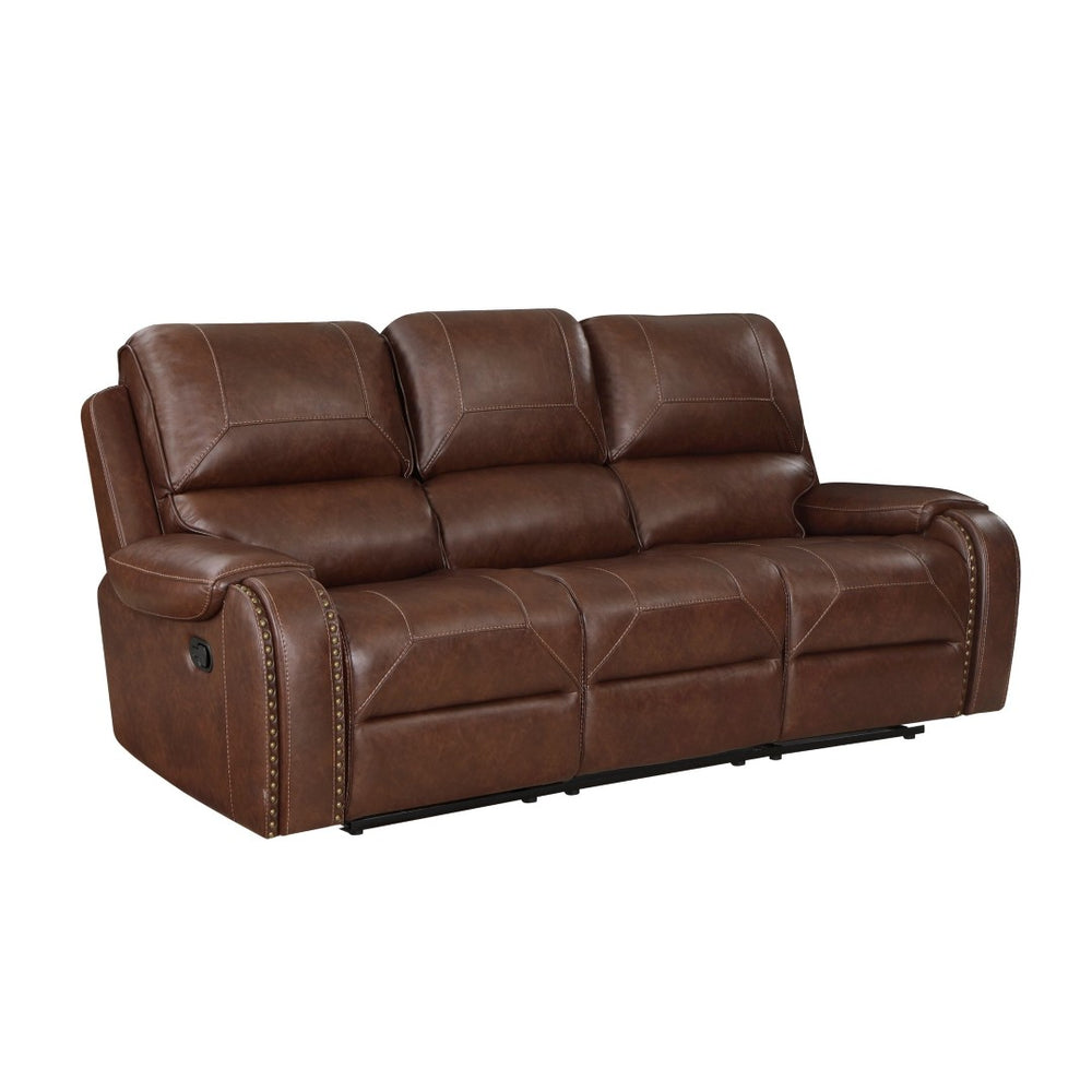 English Elm Double Reclining Faux Leather Sofa with Nailhead Trim and Built-in Charging Console B011P228561