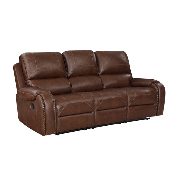 English Elm Double Reclining Faux Leather Sofa with Nailhead Trim and Built-in Charging Console B011P228561