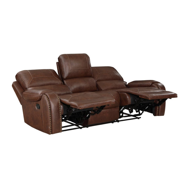 English Elm Double Reclining Faux Leather Sofa with Nailhead Trim and Built-in Charging Console B011P228561