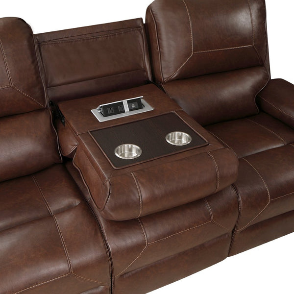 English Elm Double Reclining Faux Leather Sofa with Nailhead Trim and Built-in Charging Console B011P228561