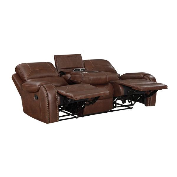 English Elm Double Reclining Faux Leather Sofa with Nailhead Trim and Built-in Charging Console B011P228561