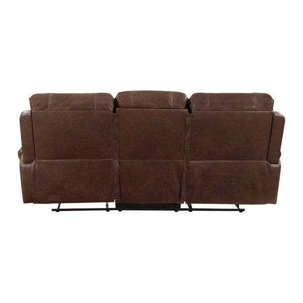 English Elm Double Reclining Faux Leather Sofa with Nailhead Trim and Built-in Charging Console B011P228561