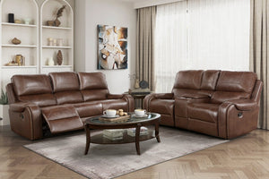 English Elm Double Reclining Faux Leather Sofa with Nailhead Trim and Built-in Charging Console B011P228561
