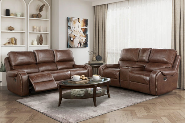 English Elm Double Reclining Faux Leather Sofa with Nailhead Trim and Built-in Charging Console B011P228561