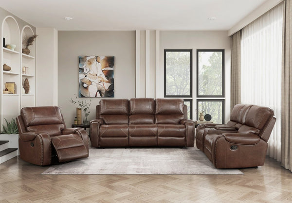 English Elm Double Reclining Faux Leather Sofa with Nailhead Trim and Built-in Charging Console B011P228561