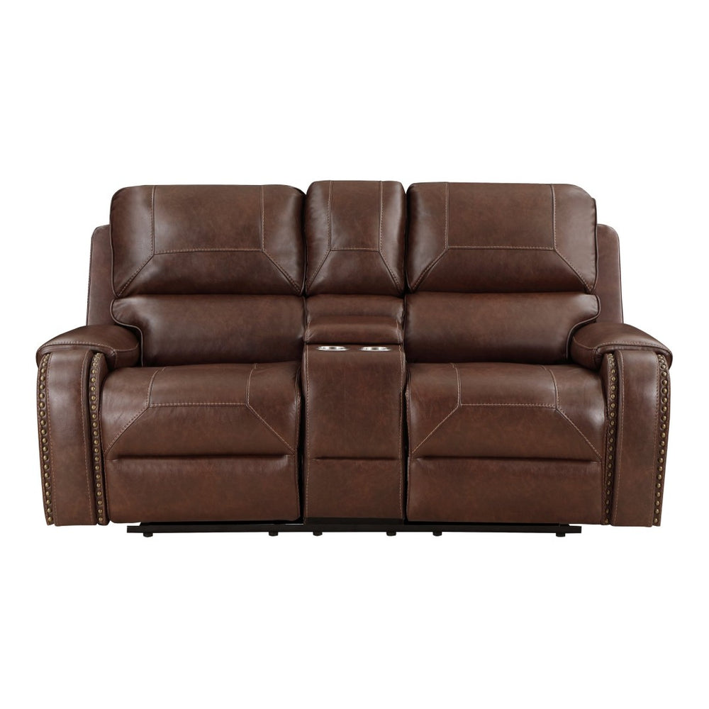 English Elm Double Glider Reclining Loveseat with Console Usb Ports Faux Leather Nailhead Trim B011P228562