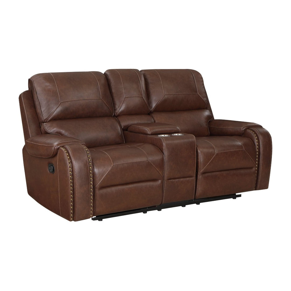 English Elm Double Glider Reclining Loveseat with Console Usb Ports Faux Leather Nailhead Trim B011P228562