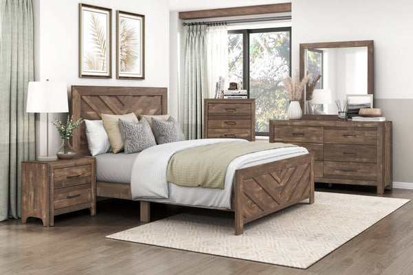 English Elm Rustic Brown King Panel Bed with Bold V-pattern Headboard for Contemporary Bedrooms B011P250474