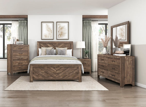 English Elm Rustic Brown King Panel Bed with Bold V-pattern Headboard for Contemporary Bedrooms B011P250474
