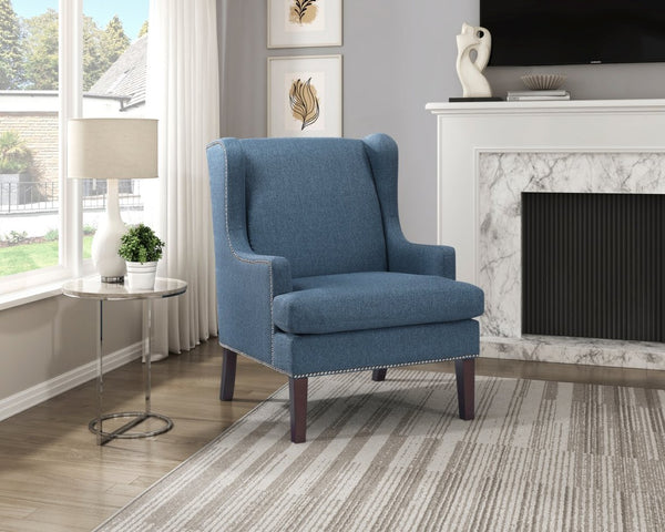 English Elm 1pc Nailhead Trim Accent Chair Blue Polyester Upholstery Rubberwood Legs Living Room B011P287704