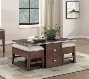 English Elm Classic Birch Veneer Cocktail Table with Drawers and Two Nailhead Ottoman Set B011P291495
