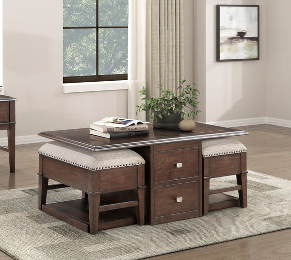 English Elm Classic Birch Veneer Cocktail Table with Drawers and Two Nailhead Ottoman Set B011P291495