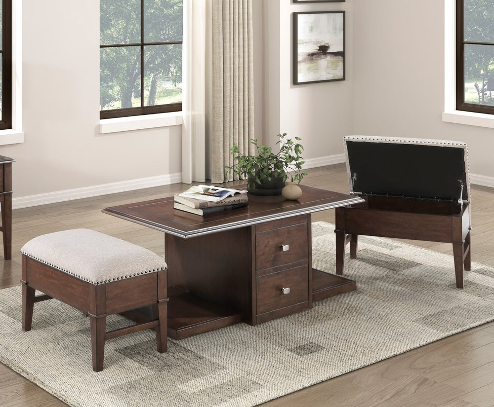 English Elm Classic Birch Veneer Cocktail Table with Drawers and Two Nailhead Ottoman Set B011P291495