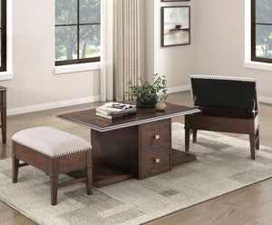 English Elm Classic Birch Veneer Cocktail Table with Drawers and Two Nailhead Ottoman Set B011P291495