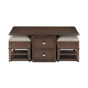 English Elm Classic Birch Veneer Cocktail Table with Drawers and Two Nailhead Ottoman Set B011P291495