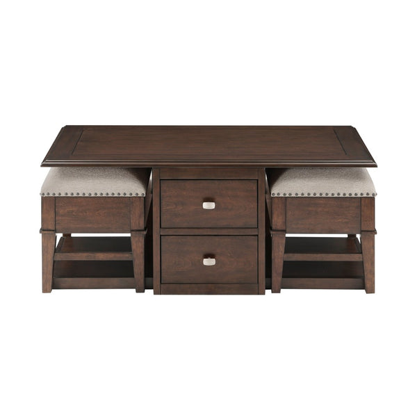 English Elm Classic Birch Veneer Cocktail Table with Drawers and Two Nailhead Ottoman Set B011P291495