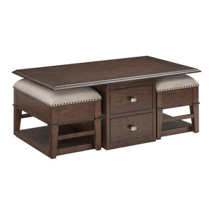 English Elm Classic Birch Veneer Cocktail Table with Drawers and Two Nailhead Ottoman Set B011P291495