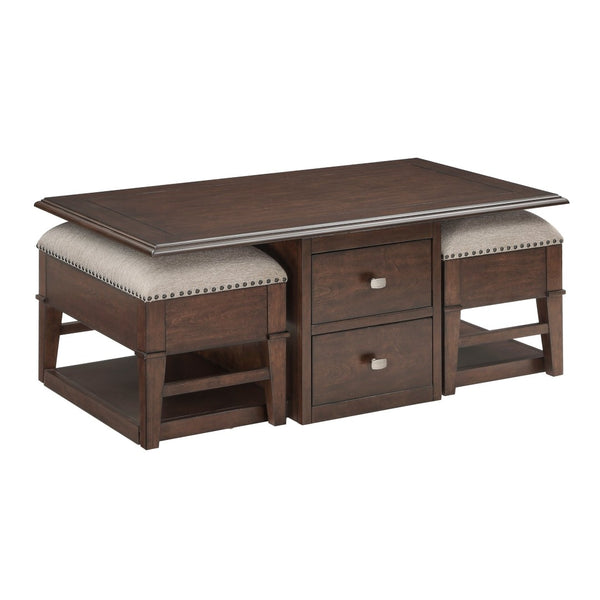 English Elm Classic Birch Veneer Cocktail Table with Drawers and Two Nailhead Ottoman Set B011P291495