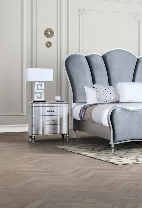 English Elm 1Pc Glam Silver Upholstered Nightstand with Channel Tufting and Three Full Drawers B011P326225