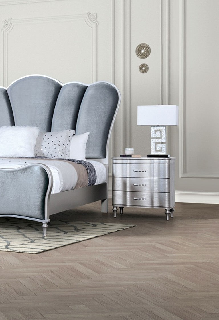 English Elm 1Pc Glam Silver Upholstered Nightstand with Channel Tufting and Three Full Drawers B011P326225