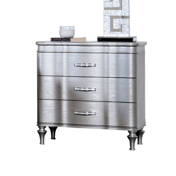 English Elm 1Pc Glam Silver Upholstered Nightstand with Channel Tufting and Three Full Drawers B011P326225