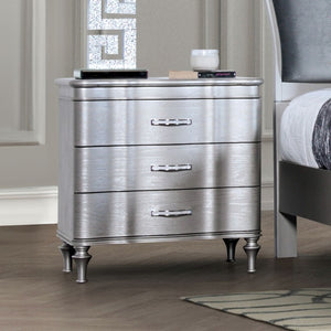 English Elm 1Pc Glam Silver Upholstered Nightstand with Channel Tufting and Three Full Drawers B011P326225