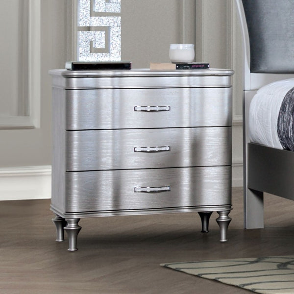 English Elm 1Pc Glam Silver Upholstered Nightstand with Channel Tufting and Three Full Drawers B011P326225