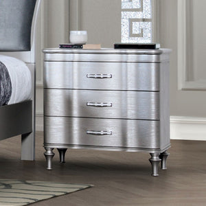 English Elm 1Pc Glam Silver Upholstered Nightstand with Channel Tufting and Three Full Drawers B011P326225