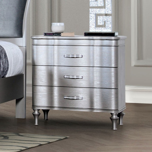 English Elm 1Pc Glam Silver Upholstered Nightstand with Channel Tufting and Three Full Drawers B011P326225