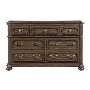 English Elm Traditional Oak Veneer Seven Drawer Dresser with Walnut Inlays and Antique Nickel Knobs B011P490017