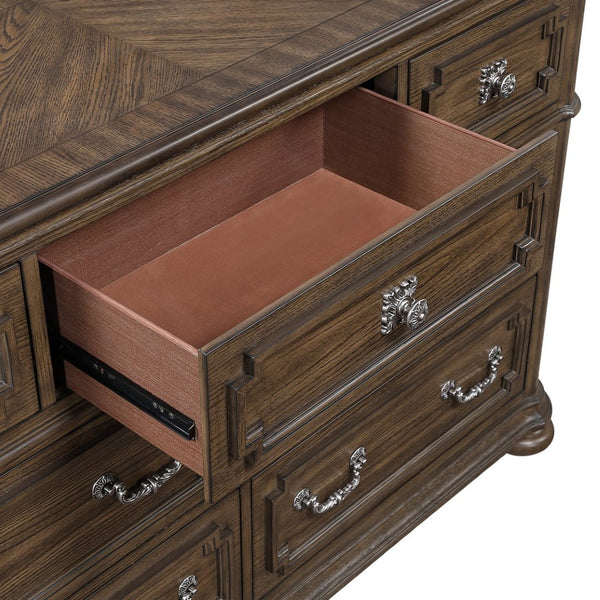 English Elm Traditional Oak Veneer Seven Drawer Dresser with Walnut Inlays and Antique Nickel Knobs B011P490017