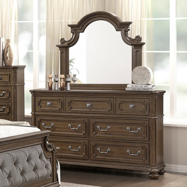 English Elm Traditional Oak Veneer Seven Drawer Dresser with Walnut Inlays and Antique Nickel Knobs B011P490017