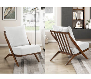 English Elm Brown Rubberwood Accent Chair Beige Chenille Cushions Mid-Century Living Room Seat B011P500671