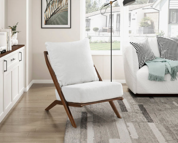 English Elm Brown Rubberwood Accent Chair Beige Chenille Cushions Mid-Century Living Room Seat B011P500671