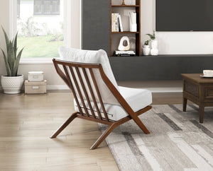 English Elm Brown Rubberwood Accent Chair Beige Chenille Cushions Mid-Century Living Room Seat B011P500671