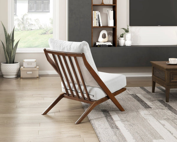 English Elm Brown Rubberwood Accent Chair Beige Chenille Cushions Mid-Century Living Room Seat B011P500671