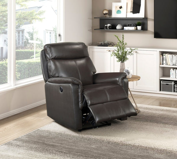 English Elm Dark Brown Top Grain Leather Power Recliner with USB Port for Living Room Comfort B011P501153