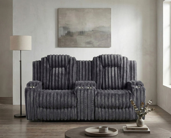 English Elm Dark Gray Corduroy Reclining Loveseat with Console Cup Holders Wall Hugger Frame B011P501168