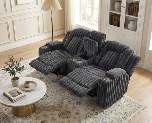 English Elm Dark Gray Corduroy Reclining Loveseat with Console Cup Holders Wall Hugger Frame B011P501168